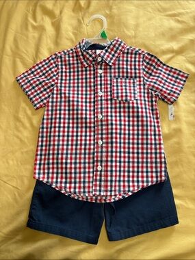 Red, White & Blue Plaid Short-Sleeve Button-Down Shirt & Navy Shorts